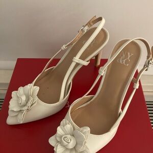 New York & Company Cream Slingback Heels with Floral Appliqué